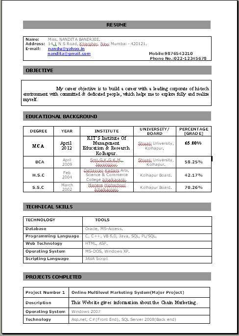 Samples of resume for b tech students